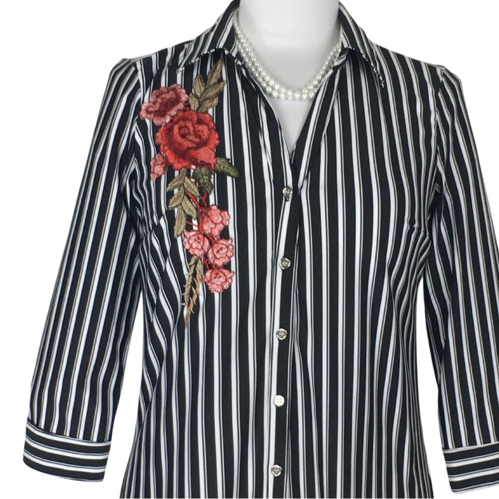 Mlle Gabrielle Black White Striped Stretch Button Down Shirt Dress size  Small - Picture 6 of 16